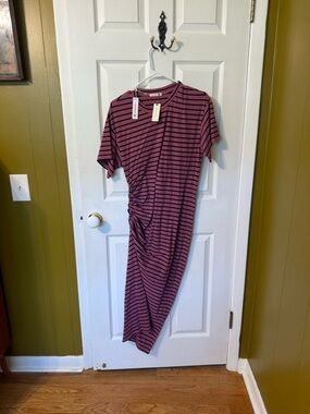 Sundry Mauve and Black Striped Ruched Midi Dress